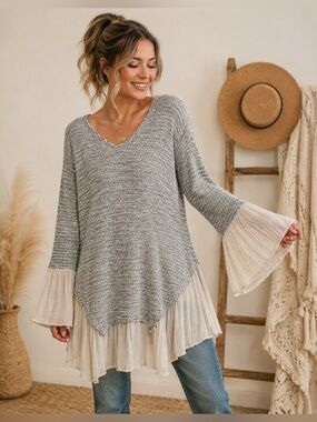 Paisley Vine Bell Sleeve Knit Sweater XL Casual Boho Neutral Longline Cottage